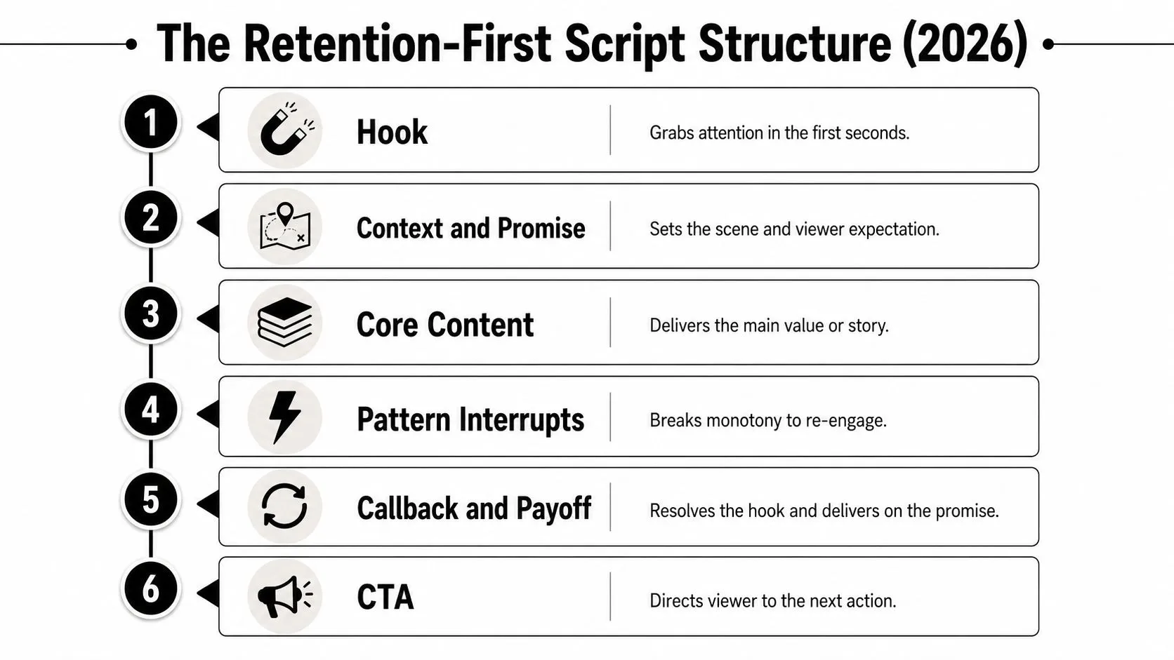 A diagram illustrating the six steps of a retention-first script structure for creating engaging YouTube videos.