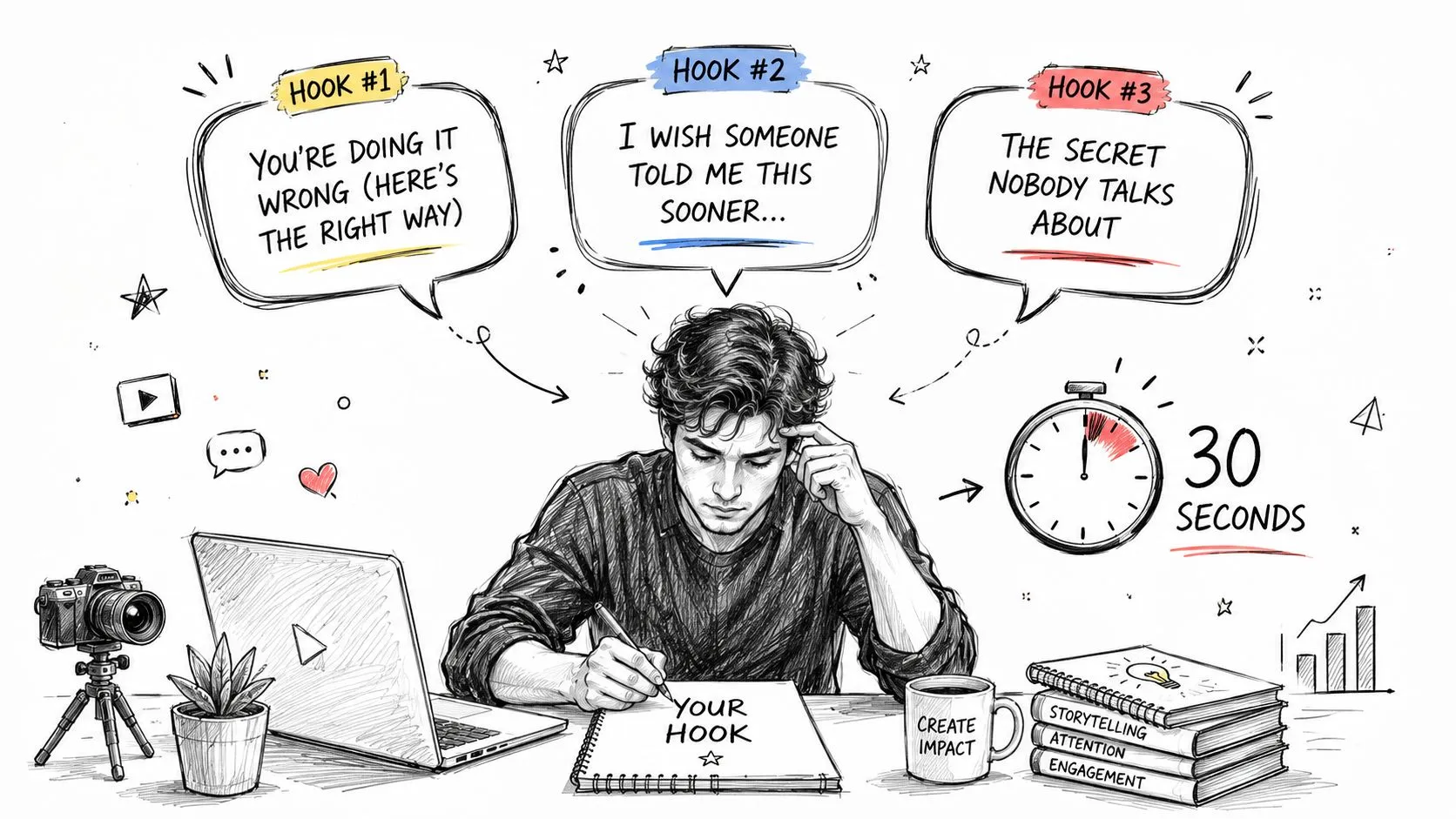 A creator sitting at a desk planning engaging video hooks for a thirty-second YouTube script.