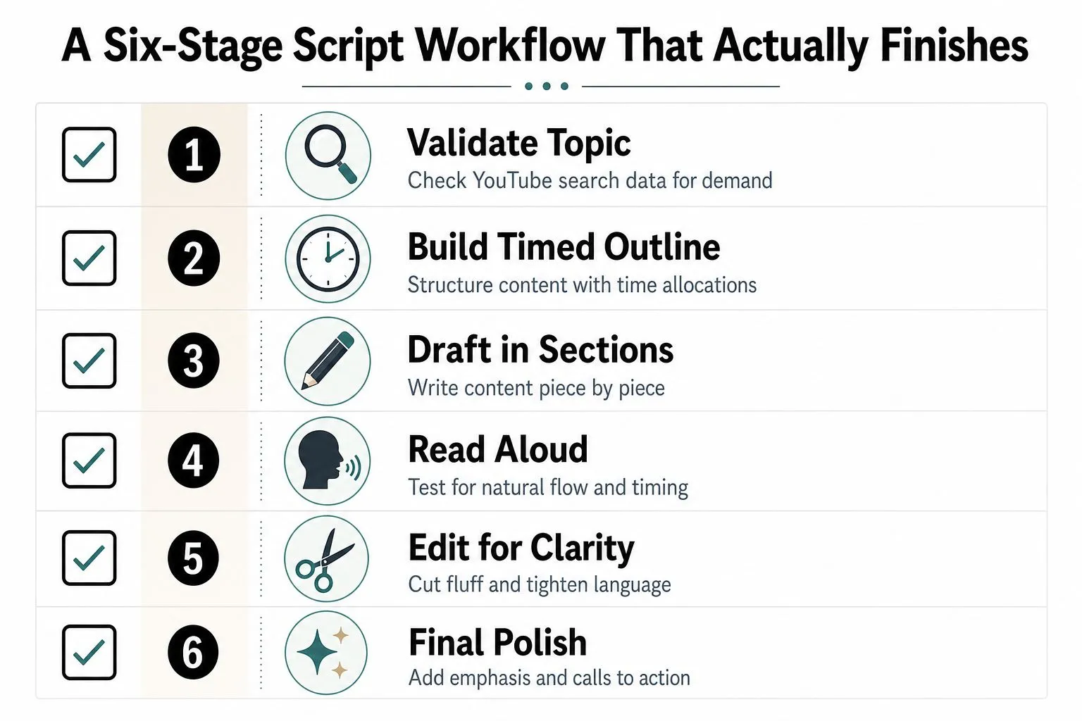 A checklist diagram outlining a six-stage workflow for writing an effective YouTube video script efficiently.