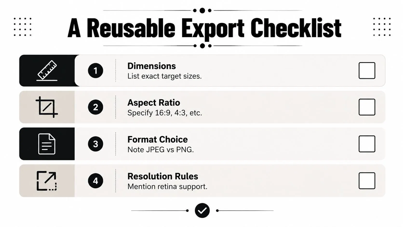 A checklist infographic titled A Reusable Export Checklist showing four steps for image file preparation.