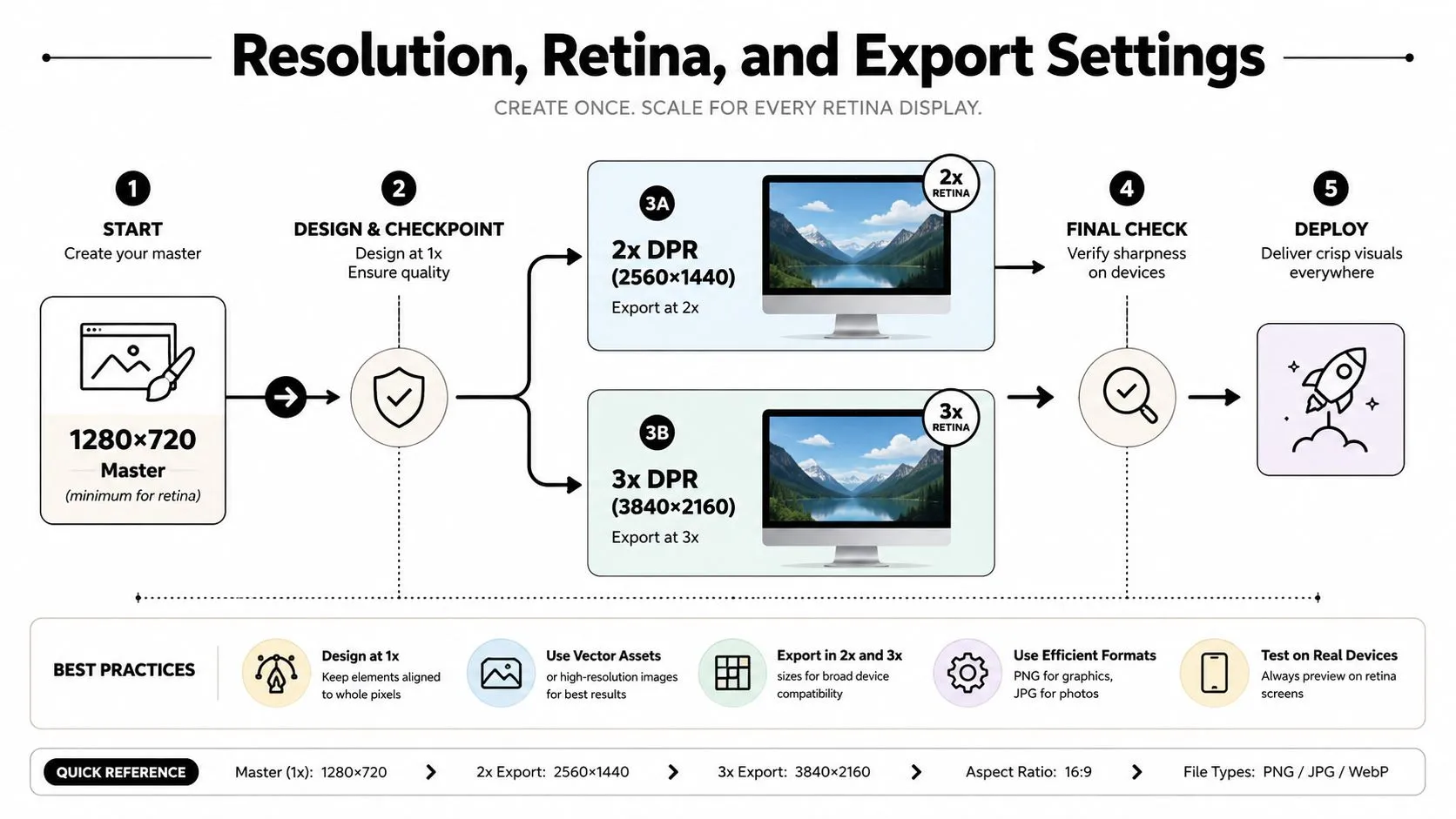 A flowchart explaining professional design workflow for creating and exporting high-resolution retina-ready graphical assets.