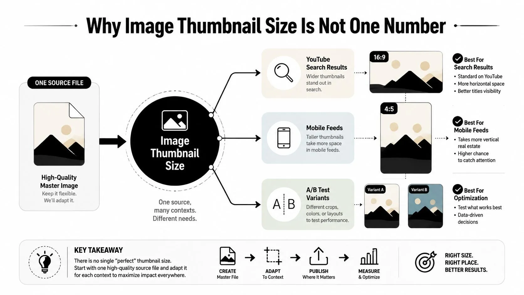 An infographic showing how to adapt one high-quality master image for different thumbnail sizes and marketing contexts.