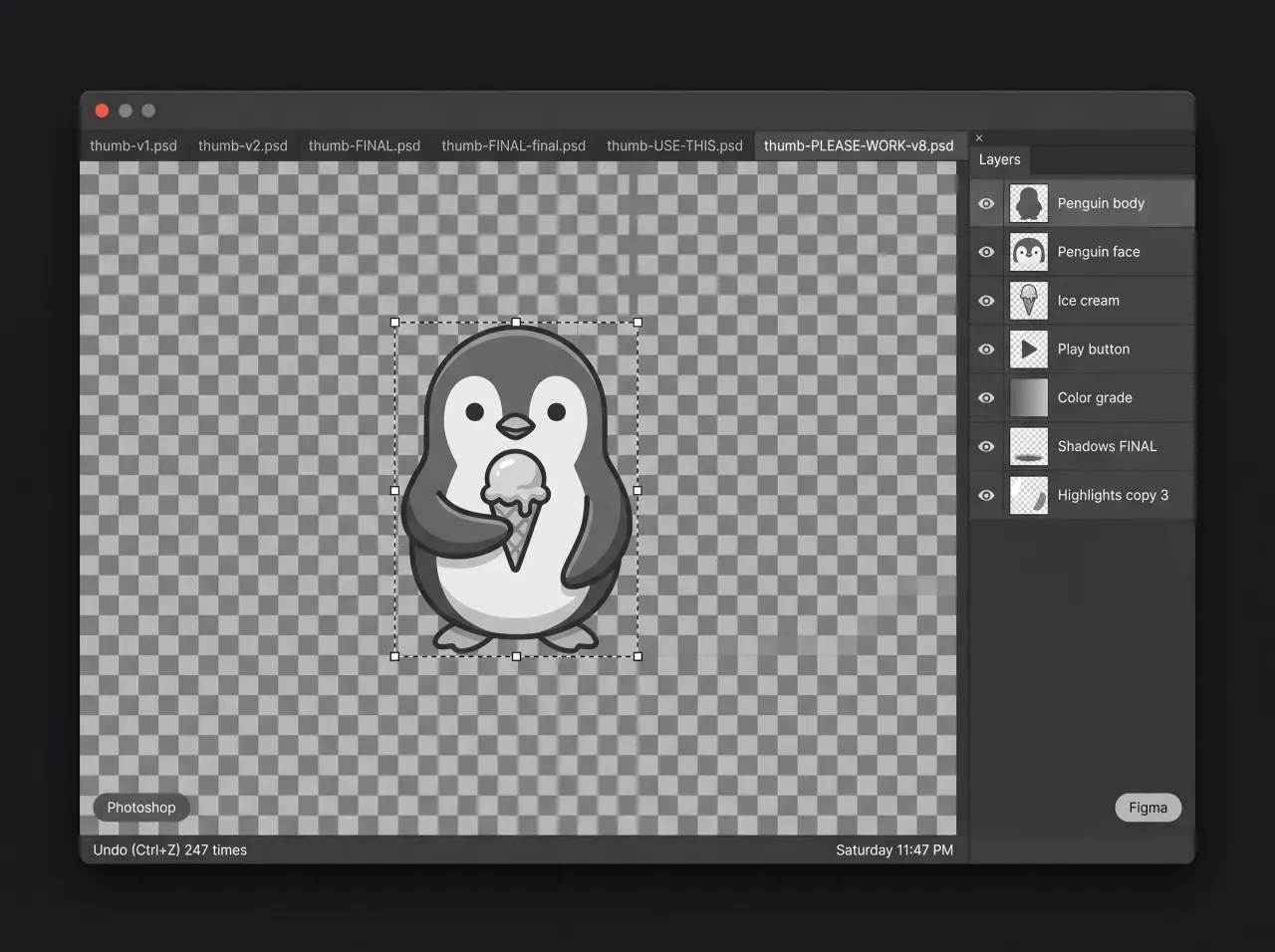 A photo editor buried under dozens of layers and panicked file versions like thumb-PLEASE-WORK-v8.psd