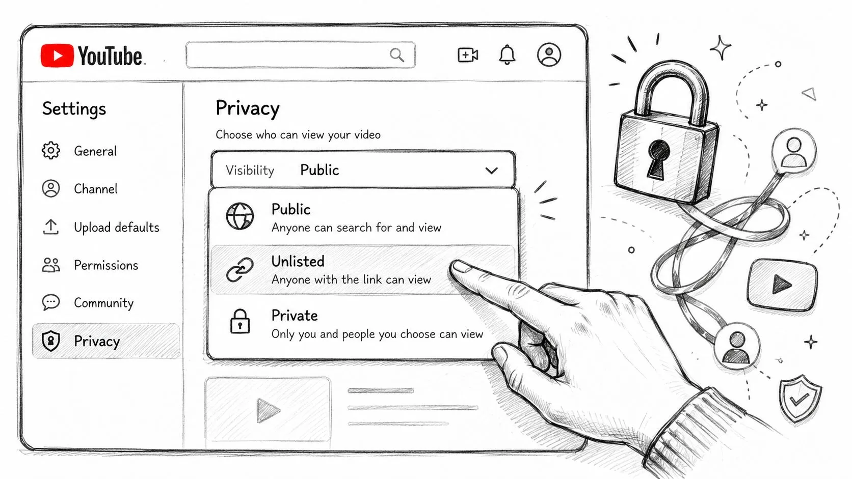A hand selecting the Unlisted option from the YouTube video privacy settings menu on a screen.