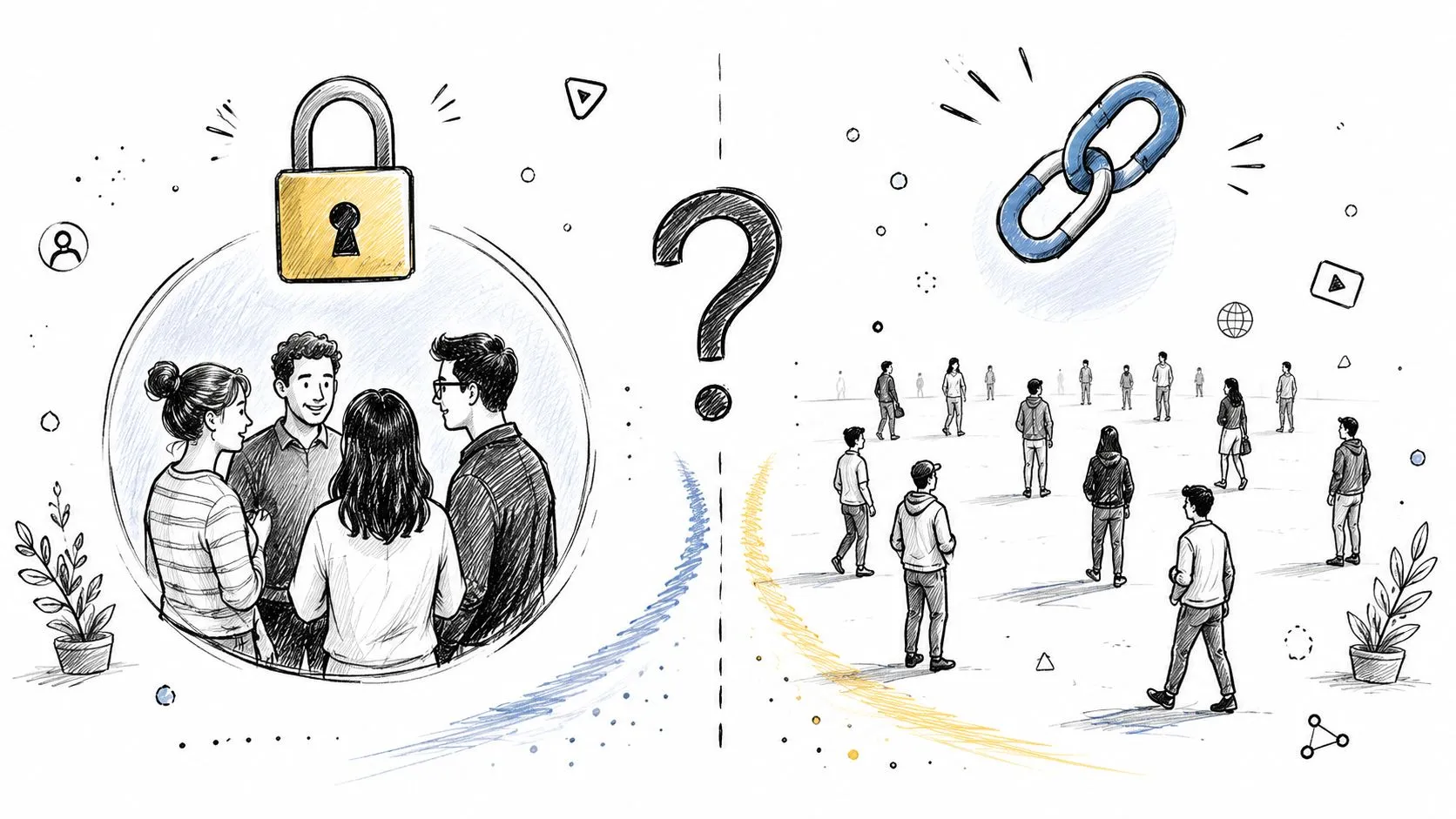 A conceptual illustration comparing private group interaction versus public open community connection.