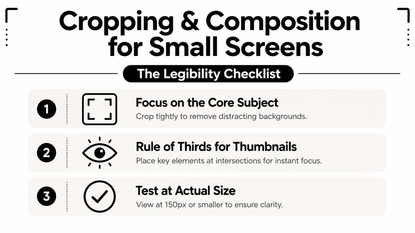 A design infographic titled Cropping and Composition for Small Screens with a three-point legibility checklist.