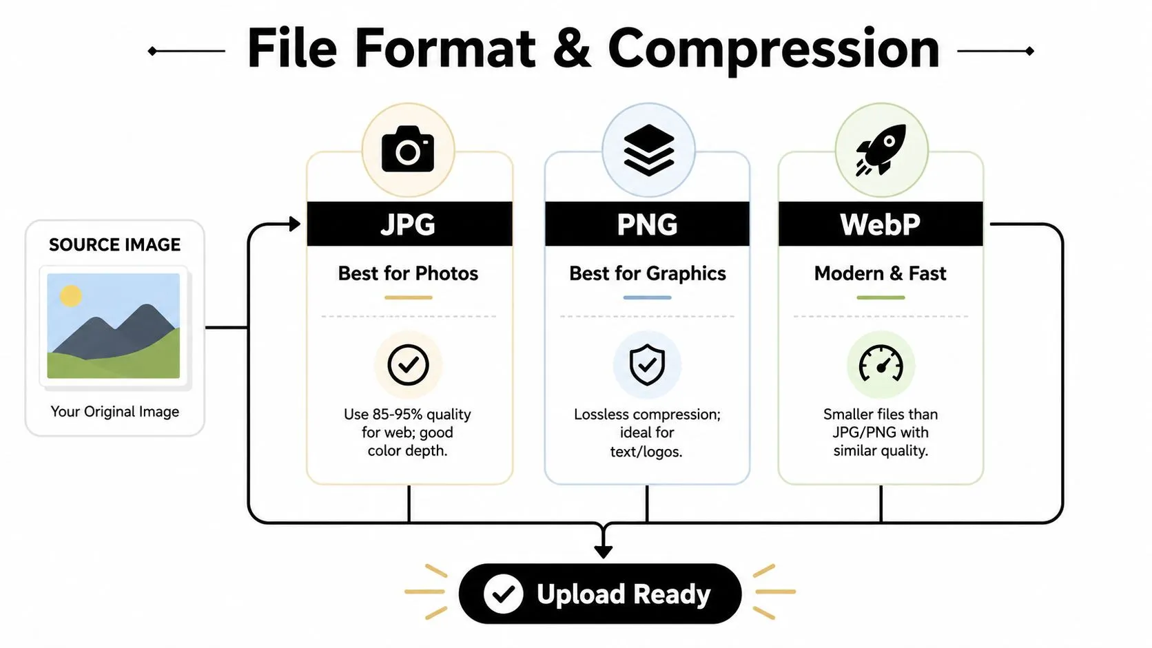 A diagram explaining the different file formats for images including JPG, PNG, and WebP for optimization.