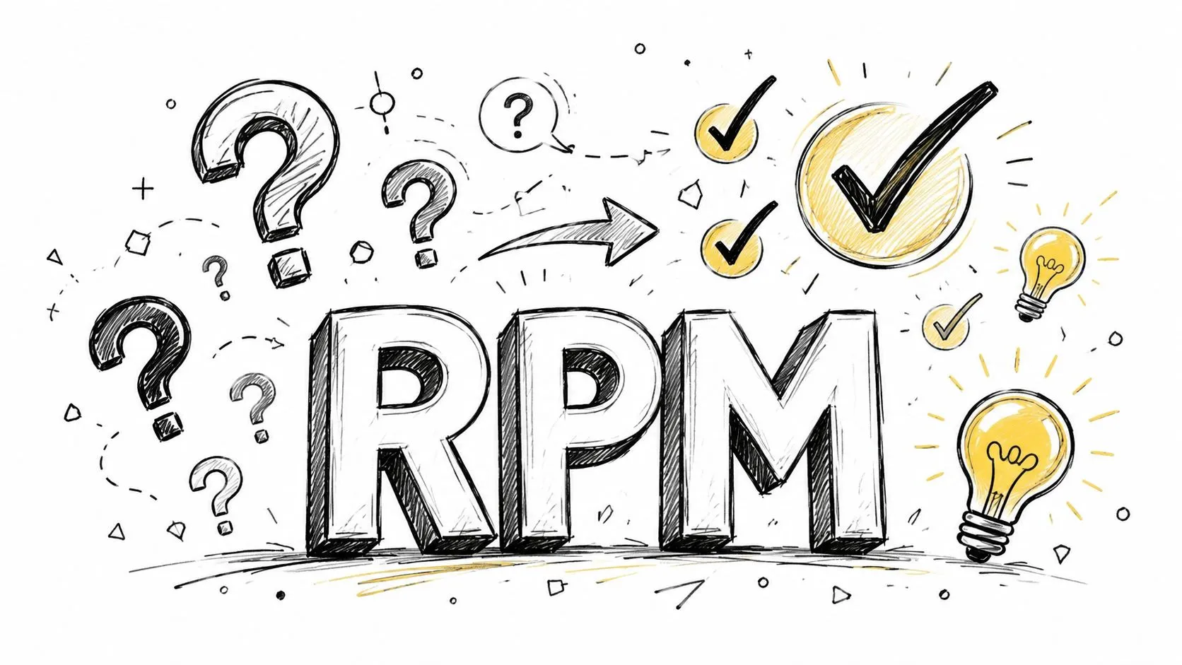 A hand-drawn illustration with the acronym RPM surrounded by question marks, checkmarks, and glowing light bulbs.