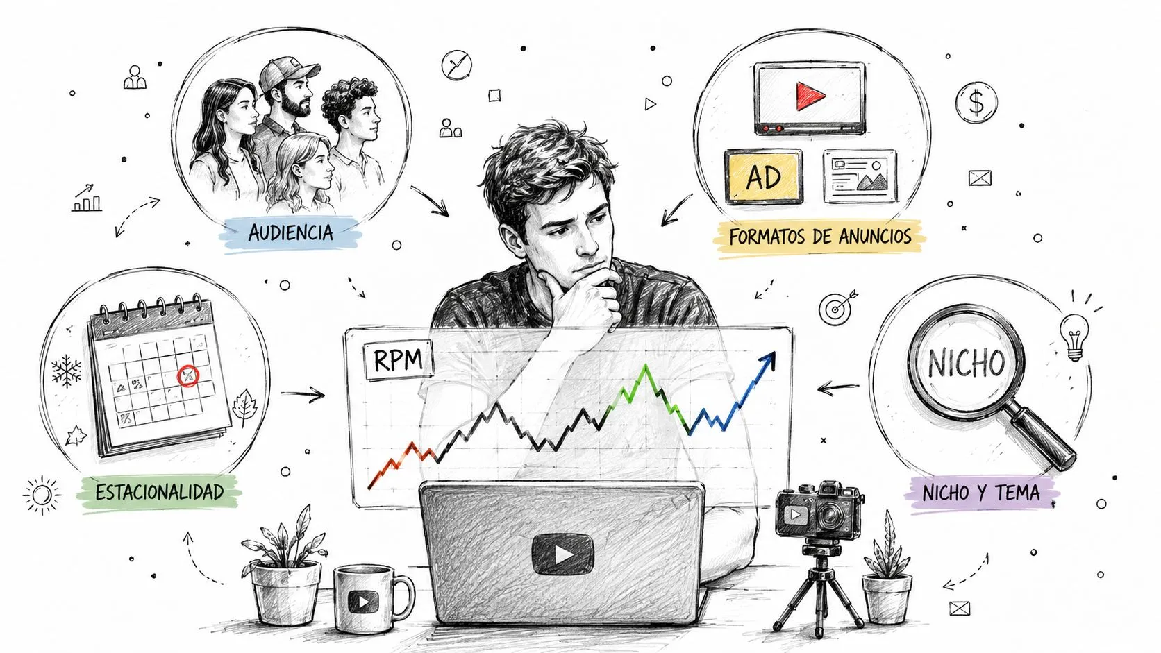 A person analyzing YouTube RPM metrics surrounded by sketches of audience, ad formats, seasonality, and niche concepts.
