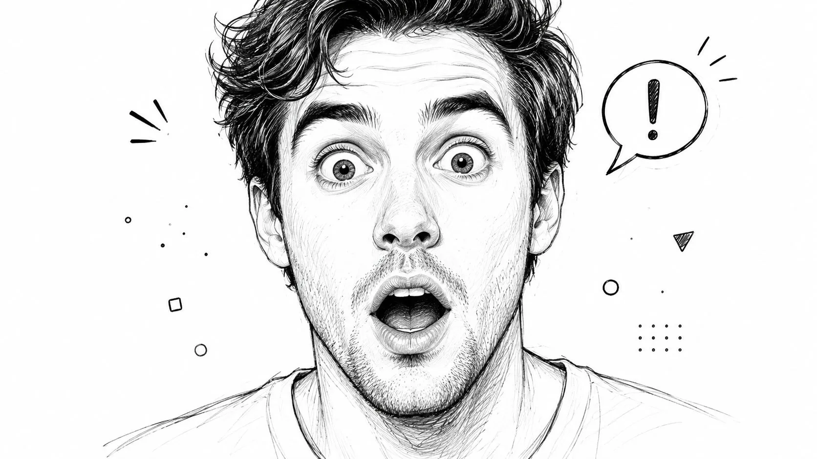 A pencil sketch of a surprised young man with a wide open mouth and a speech bubble.