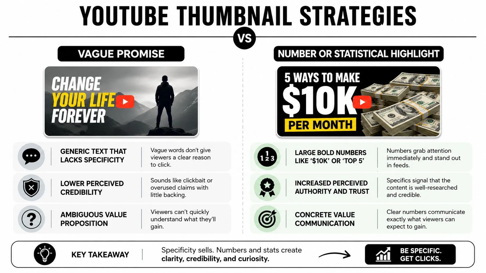 A comparison infographic showing how specific numeric YouTube thumbnails perform better than vague clickbait thumbnails.