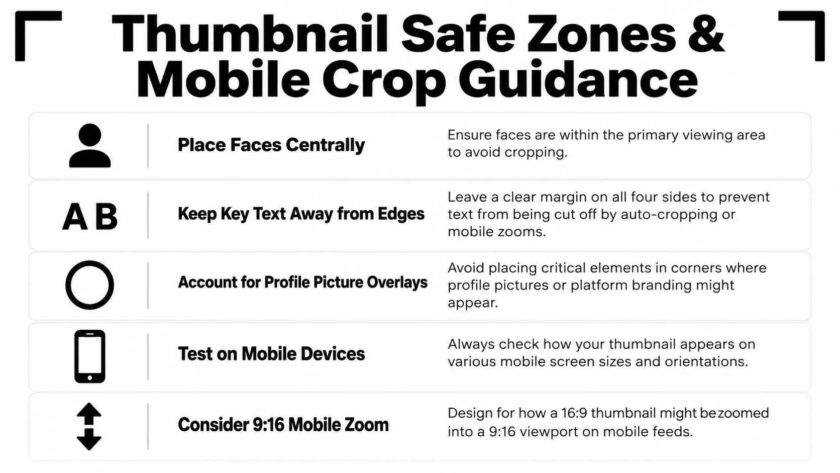 A graphic providing advice on YouTube thumbnail safe zones and mobile crop guidance for designers.