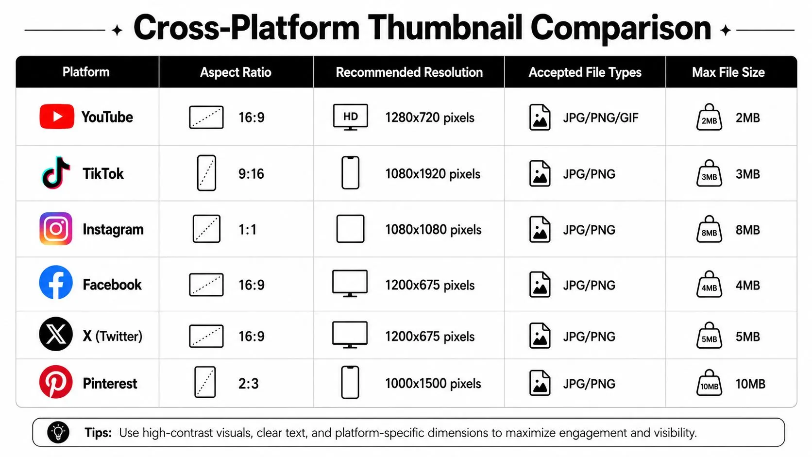 A comparison chart showing thumbnail aspect ratios, recommended resolutions, file types, and file sizes for major social media platforms.