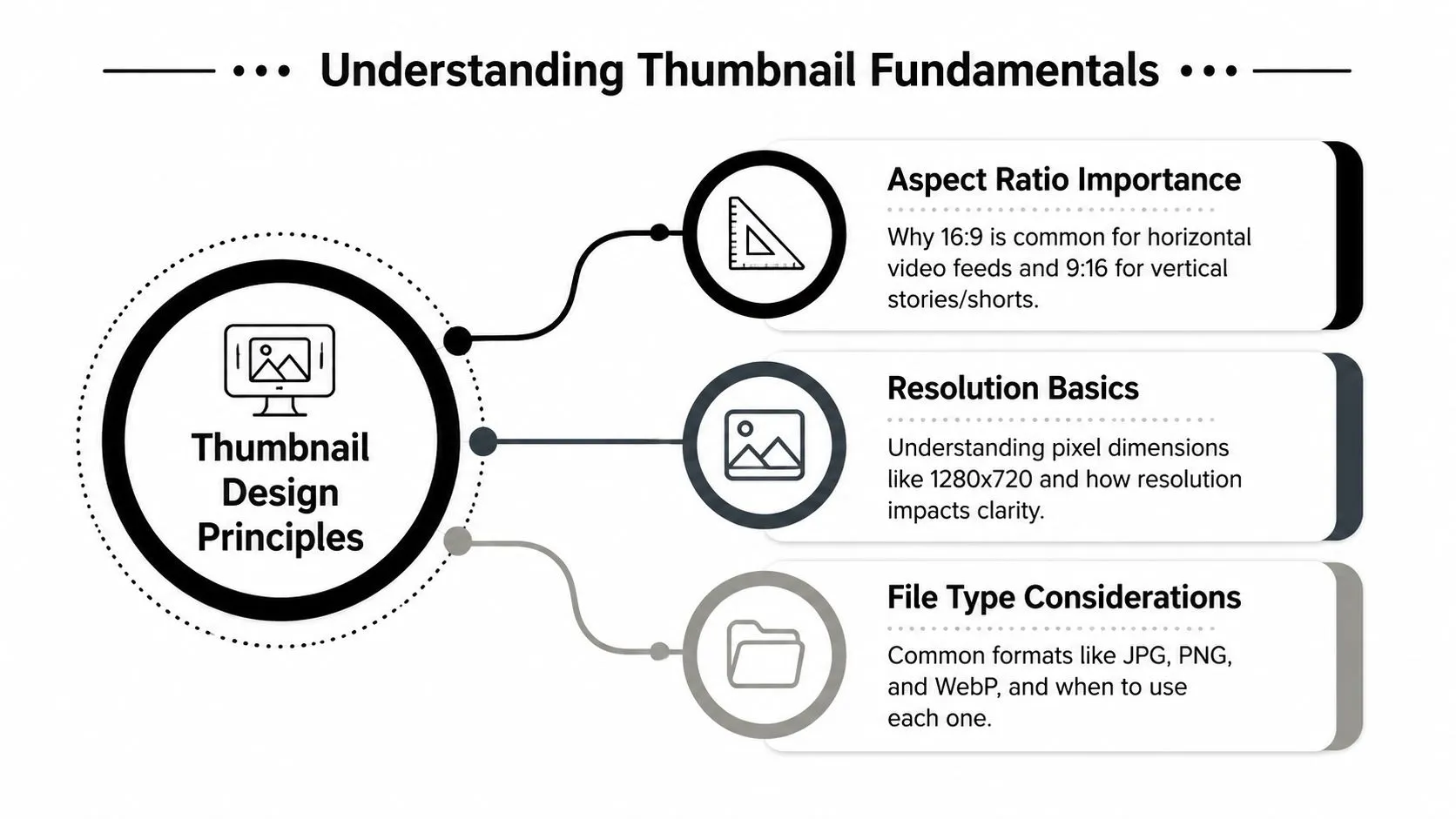 A diagram titled Understanding Thumbnail Fundamentals, explaining aspect ratios, resolution basics, and file type considerations for digital content.
