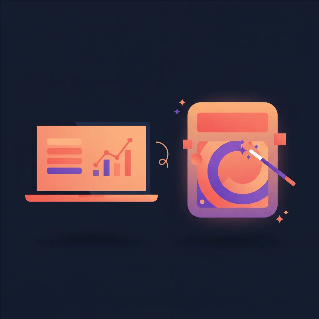 Illustration of an analytics dashboard on a laptop next to a thumbnail card being assembled with a magic wand