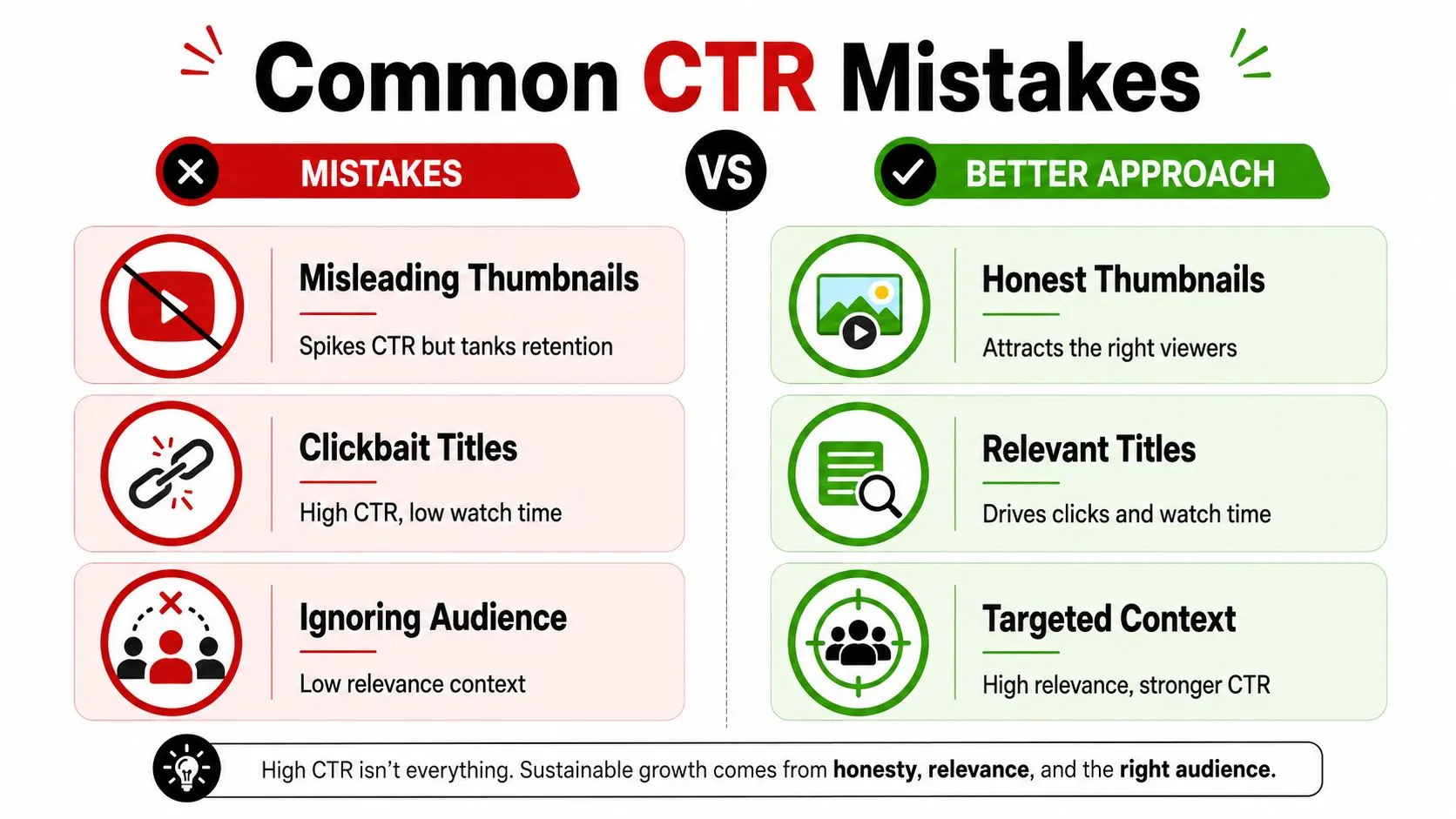 A comparison chart showing common YouTube CTR mistakes versus better approaches for audience engagement and sustainable channel growth.