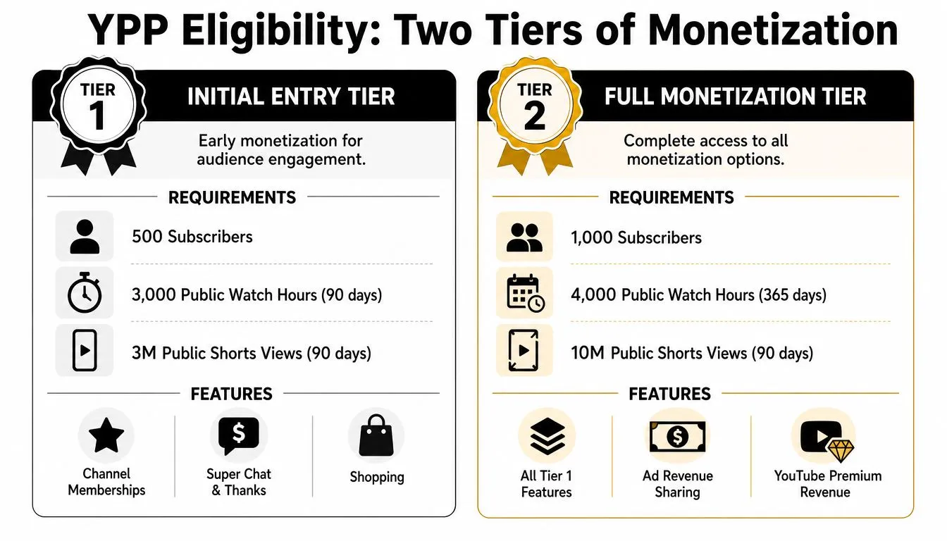 An infographic detailing the two-tier eligibility requirements for the YouTube Partner Program monetization system.