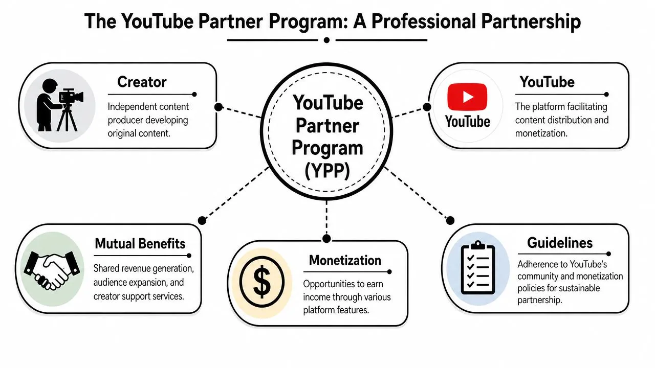 A diagram illustrating the YouTube Partner Program, showing the relationship between creators, the platform, and monetization.