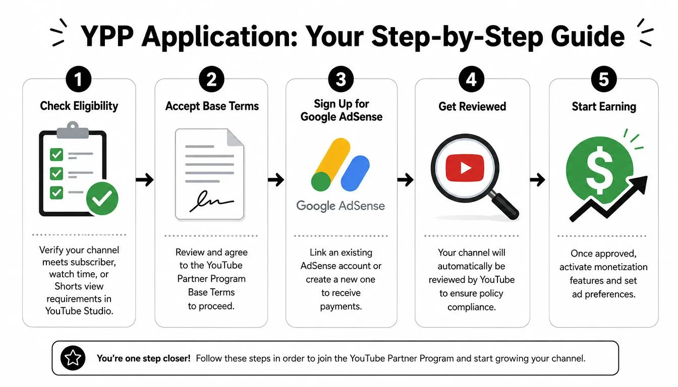 An infographic showing the five-step process for applying to the YouTube Partner Program to start monetization.