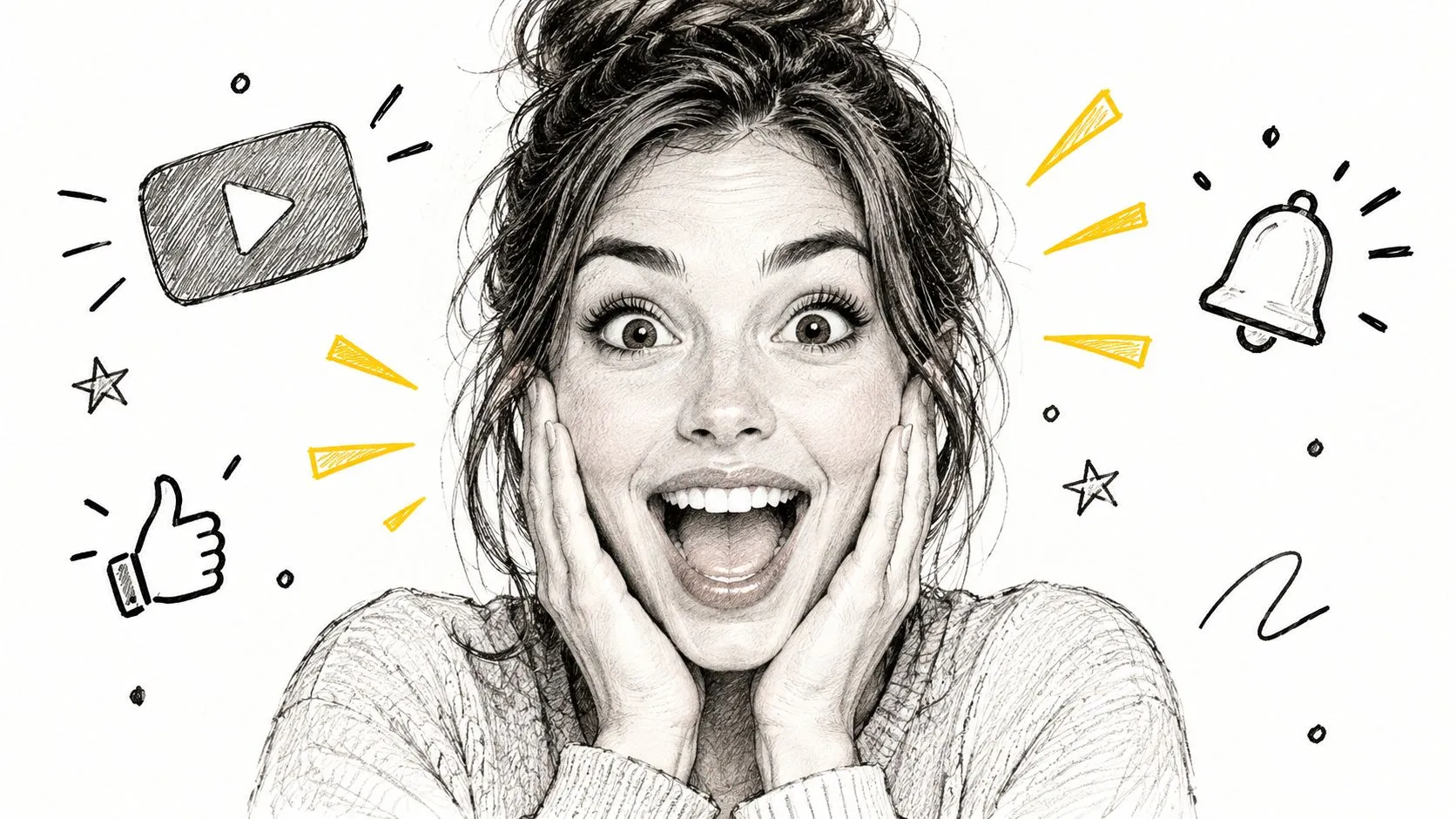 A hand-drawn illustration of a woman looking excited surrounded by social media icons like YouTube and notifications.