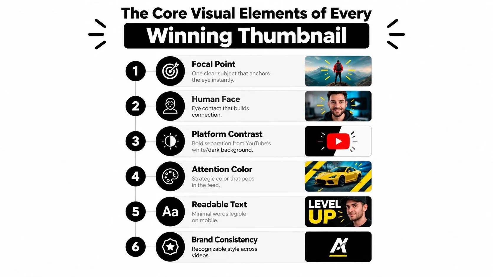 A numbered infographic showing the six essential visual elements for designing highly effective YouTube thumbnails.