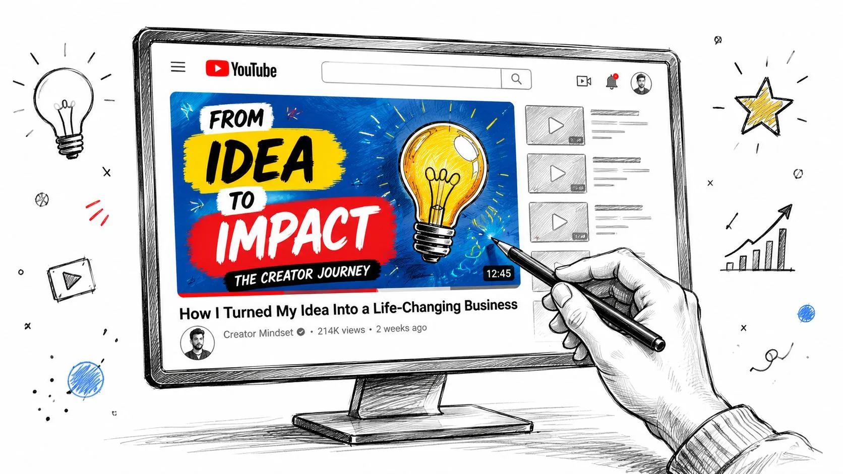 A sketched illustration of a computer monitor displaying a YouTube video about turning ideas into business success.