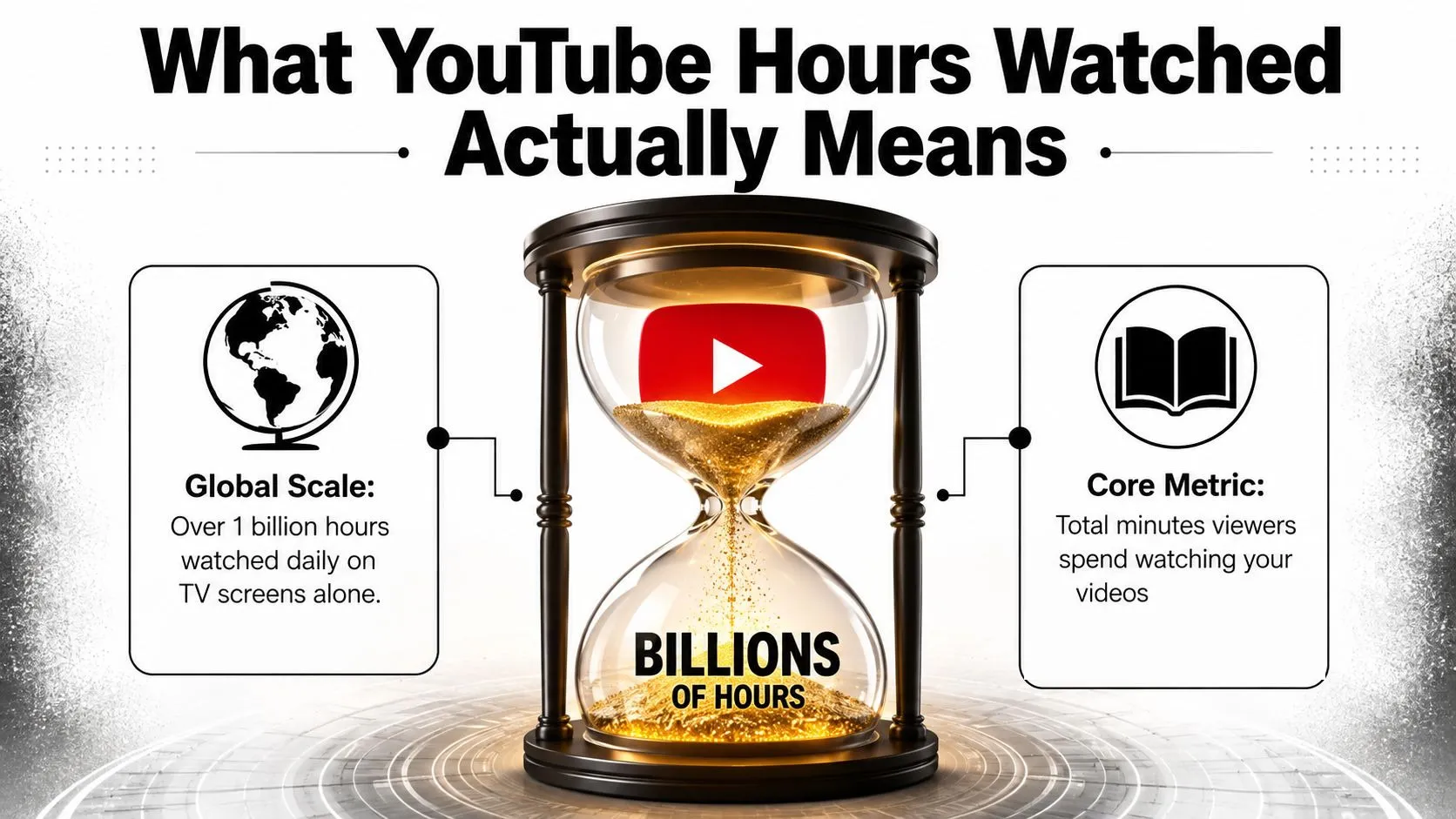 An hourglass filled with golden sand representing billions of YouTube hours watched on screens globally.