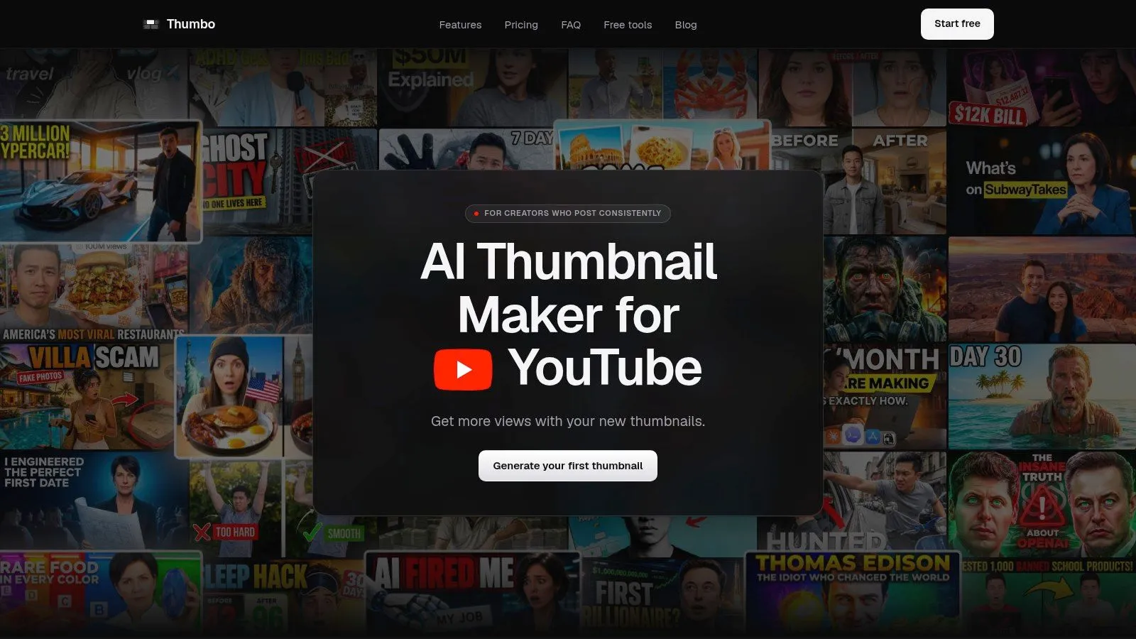 The Thumbo AI thumbnail maker homepage, showing a wall of generated YouTube thumbnails behind a Generate your first thumbnail button.