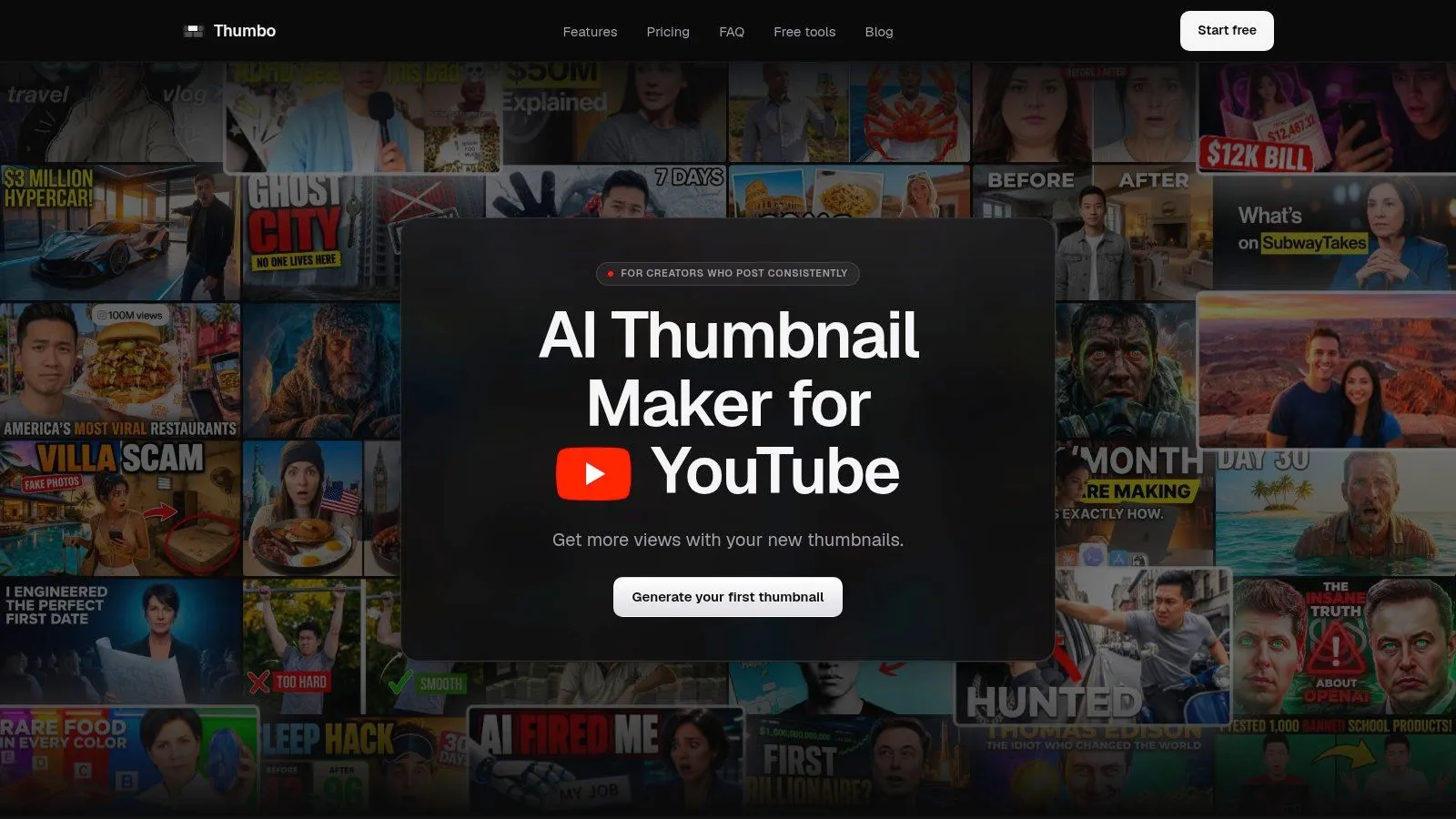 The Thumbo AI thumbnail maker landing page, showing the generator panel over a wall of YouTube thumbnails.