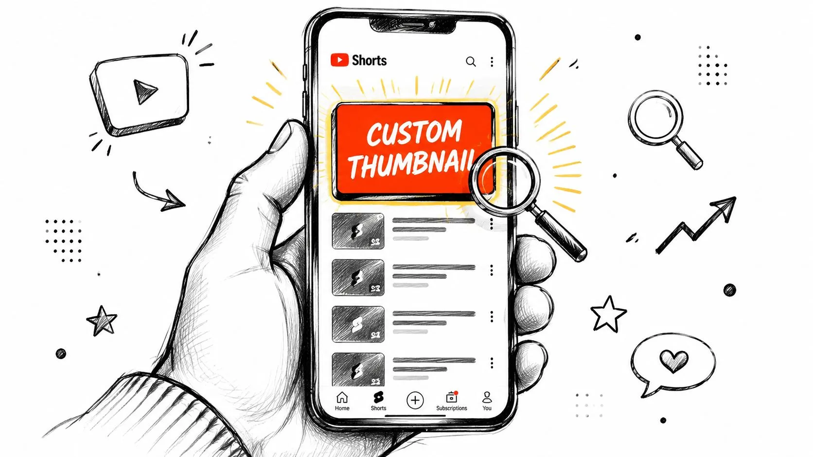 A hand holding a smartphone showing a YouTube Shorts screen with a custom thumbnail interface design.