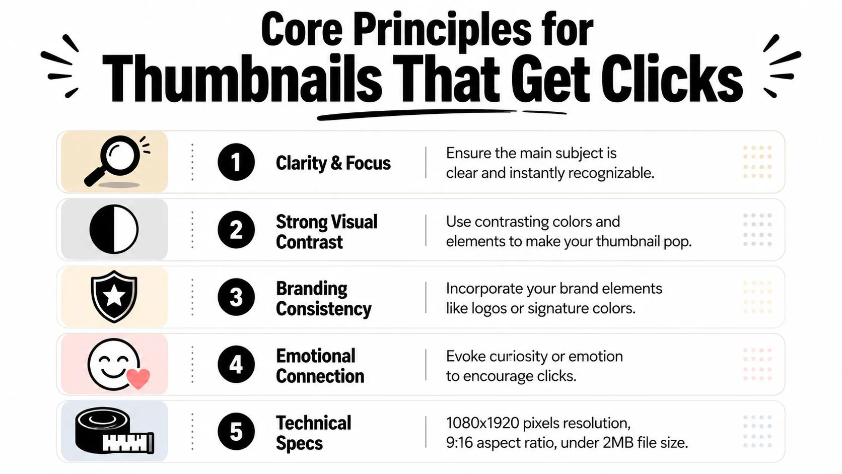 An infographic titled Core Principles for Thumbnails That Get Clicks, outlining five key design strategies for YouTube.