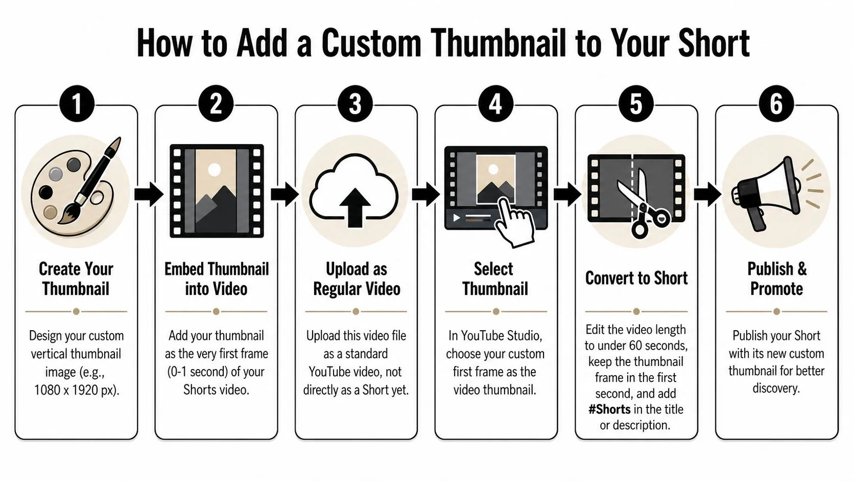 An infographic showing a six-step process for adding a custom thumbnail to YouTube Shorts videos.