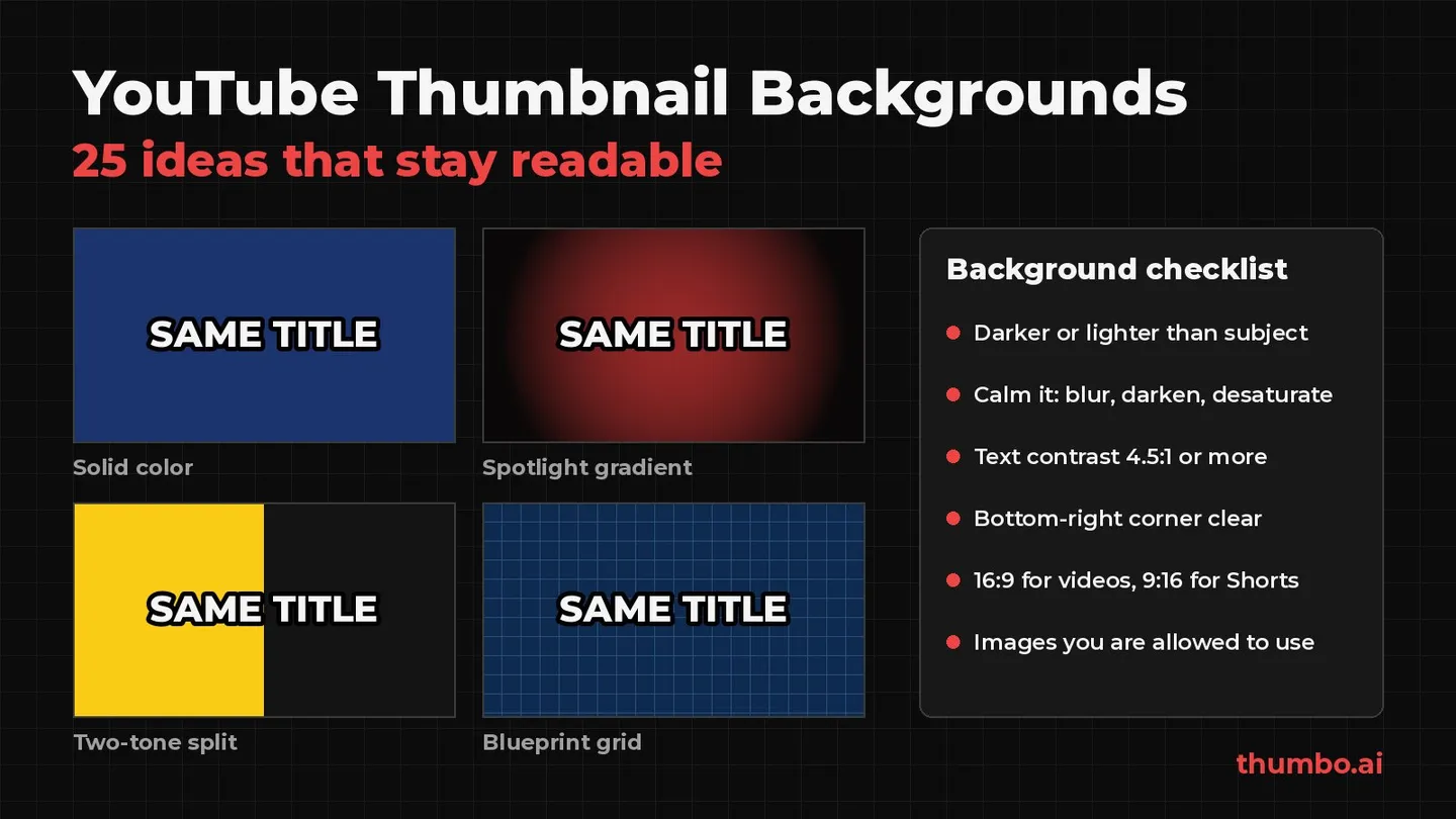 The same thumbnail title shown on four backgrounds: a solid color, a spotlight gradient, a two-tone split and a blueprint grid, next to a background checklist