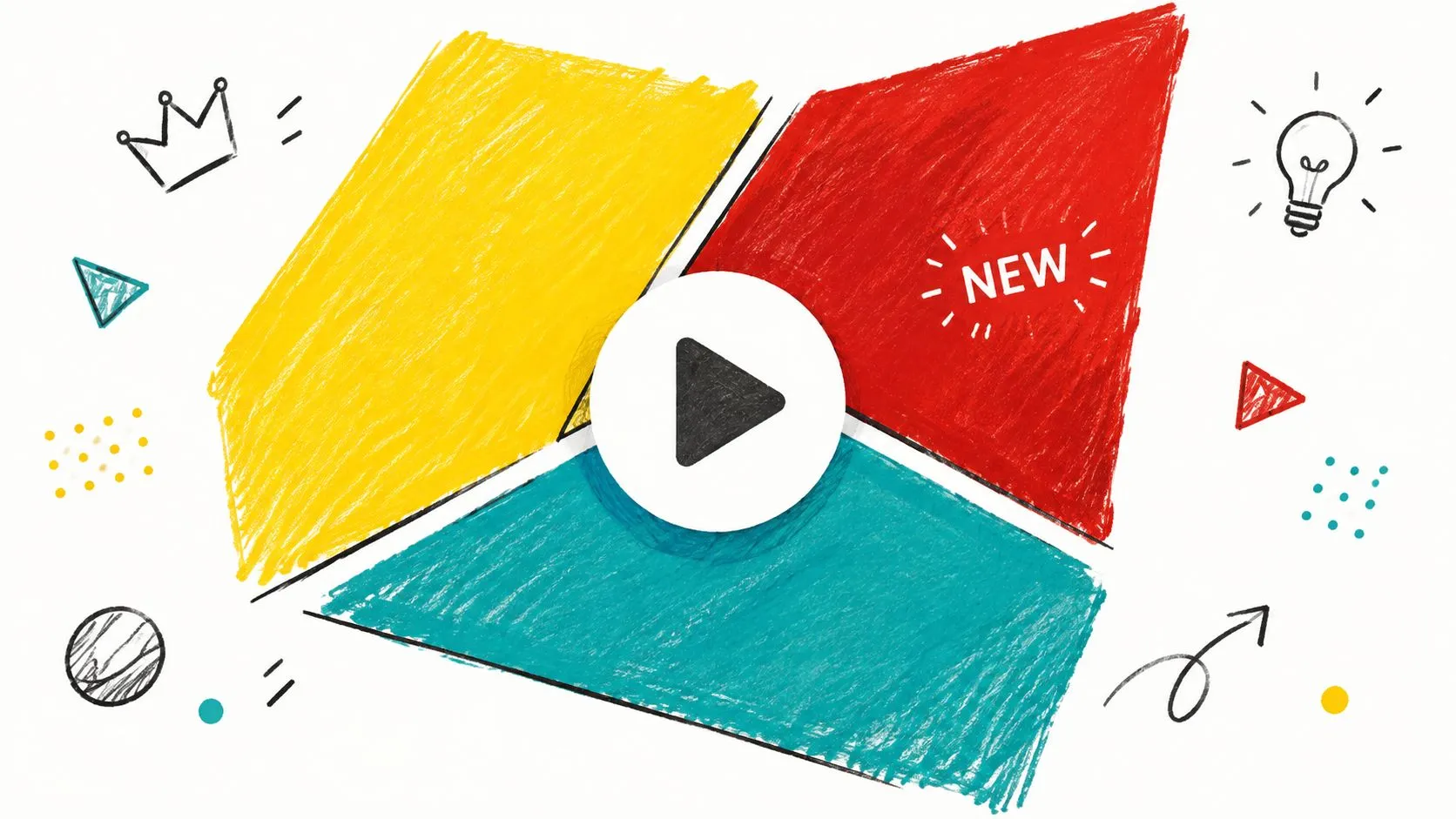 A colorful digital illustration featuring a play button icon over three hand-drawn geometric shapes in yellow, red, and blue.