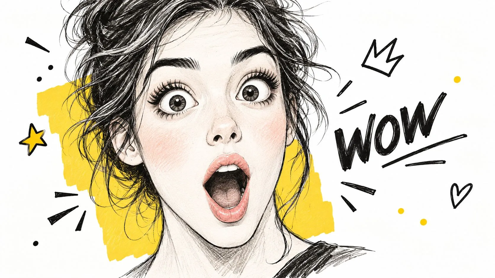 An artistic sketch of a surprised woman with wide eyes and an open mouth against a yellow highlight block.