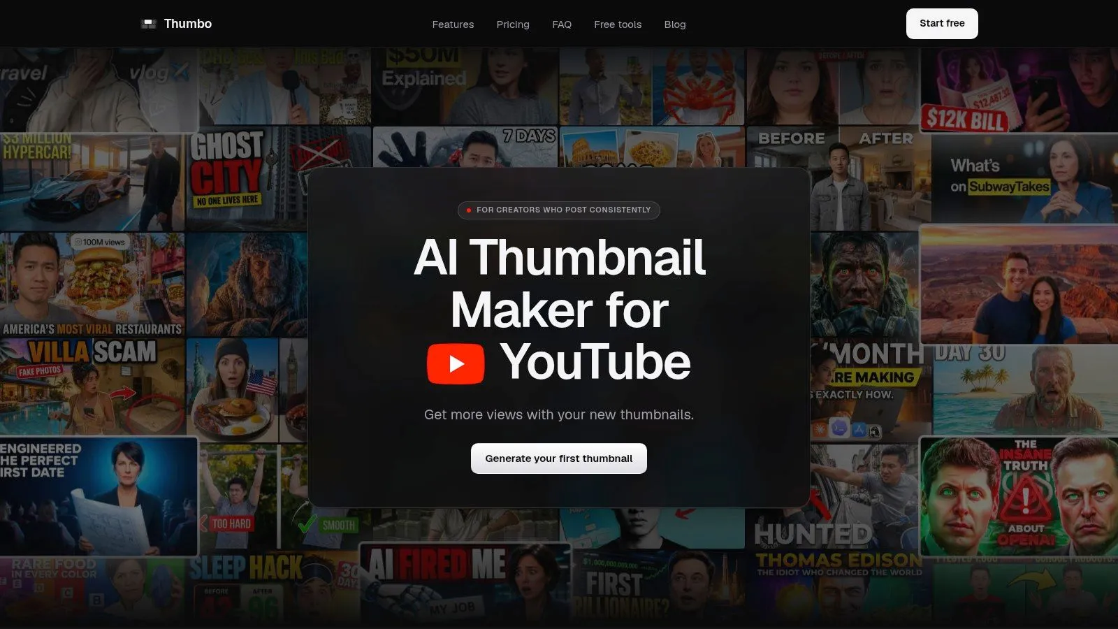The Thumbo AI homepage, showing the AI thumbnail maker for YouTube over a wall of generated thumbnail examples