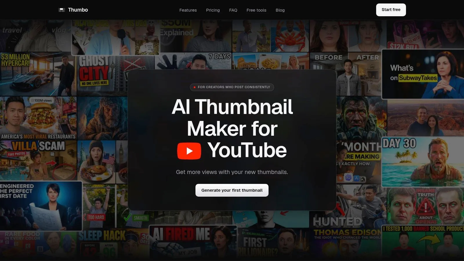 The Thumbo AI homepage, headlined "AI Thumbnail Maker for YouTube" over a grid of finished creator thumbnails.