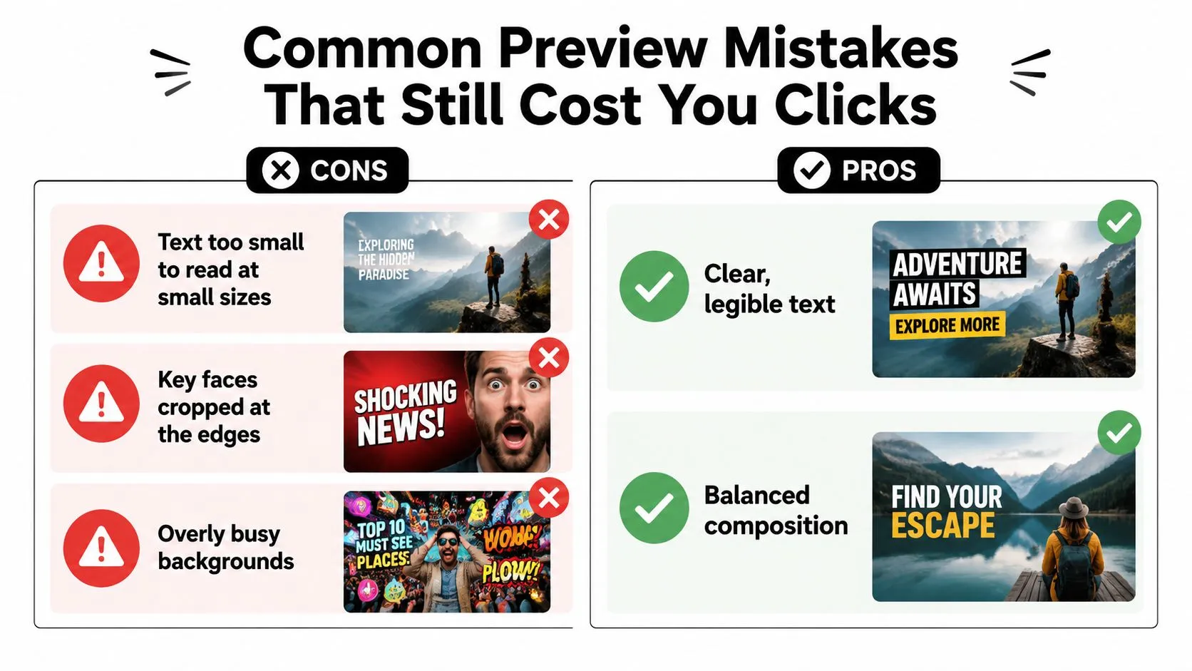 A comparison chart showing common YouTube thumbnail design mistakes alongside best practice examples for better engagement.