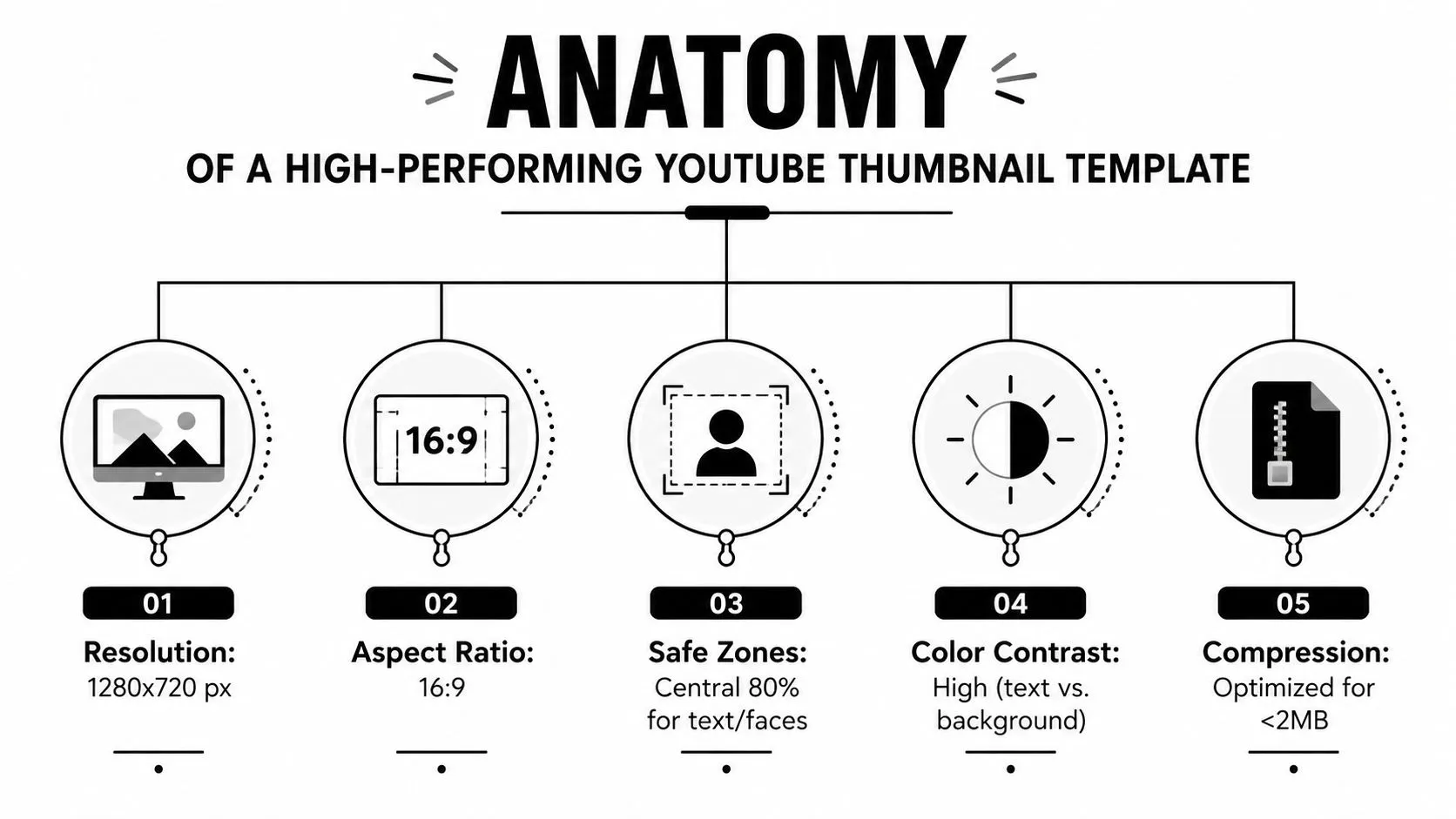 An infographic titled Anatomy of a High-Performing YouTube Thumbnail Template showing five essential design and technical requirements.