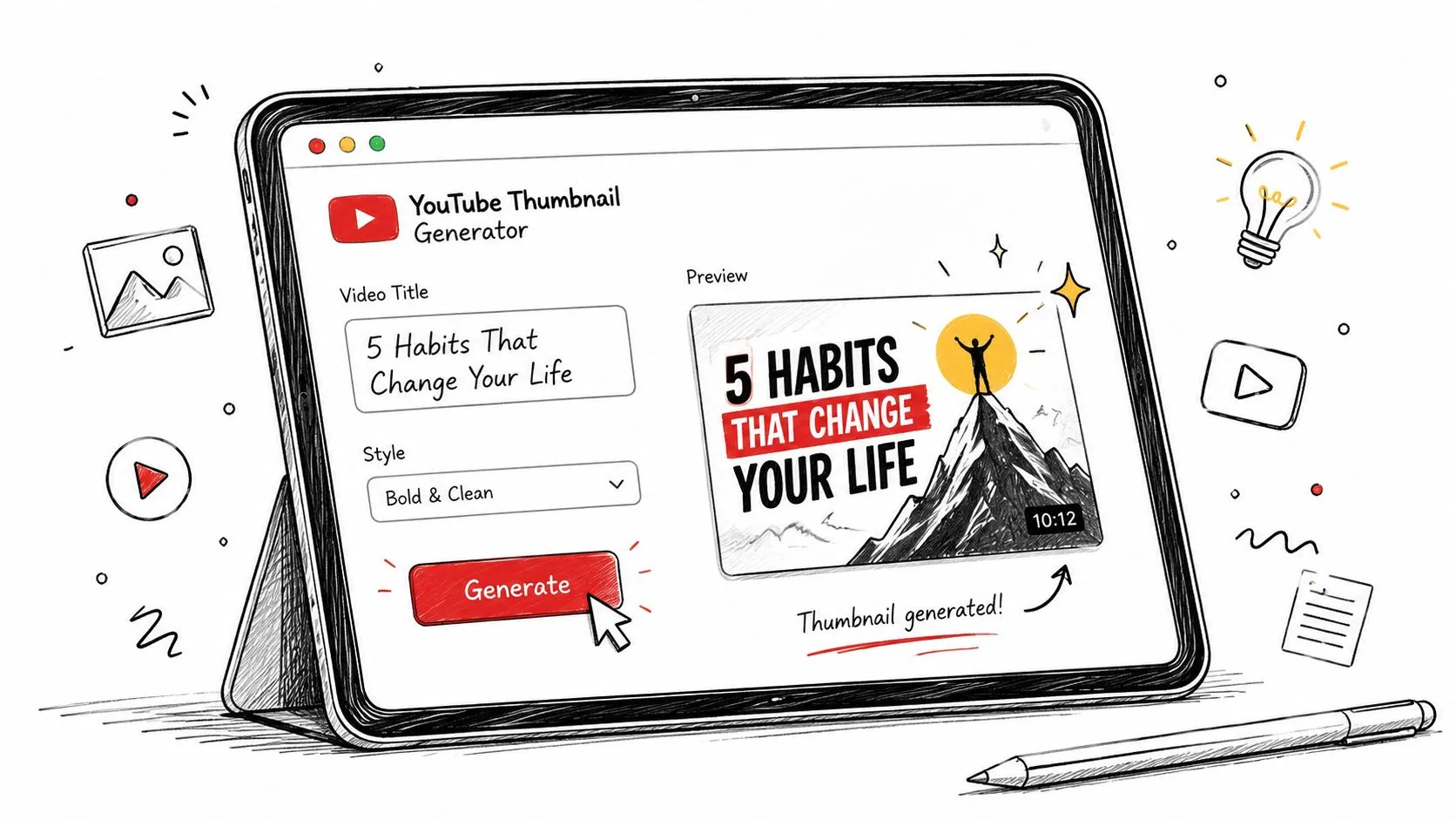 A digital illustration of a tablet displaying a YouTube thumbnail generator interface with a creative mountain design.