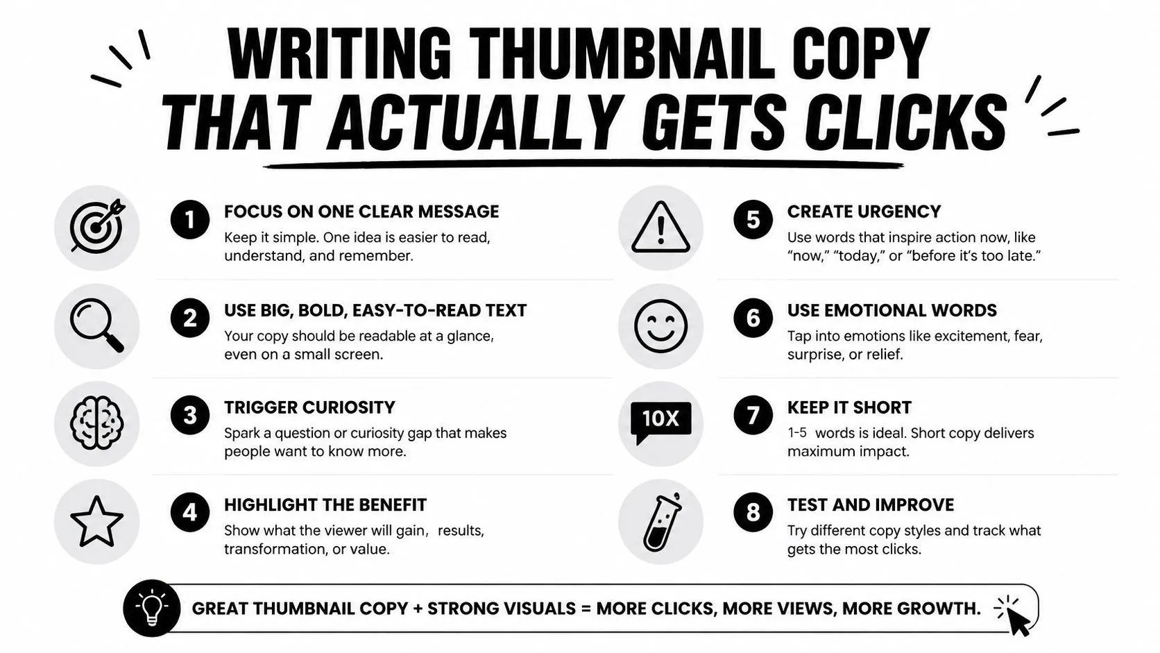 An infographic titled Writing Thumbnail Copy That Actually Gets Clicks, listing eight tips for successful YouTube thumbnail design.