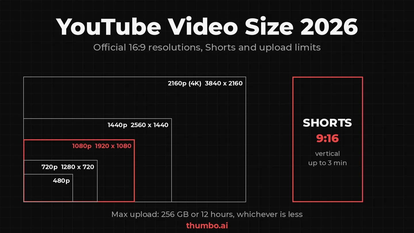 YouTube video size chart: the official 16:9 resolutions from 480p to 4K drawn to scale next to a 9:16 Shorts frame