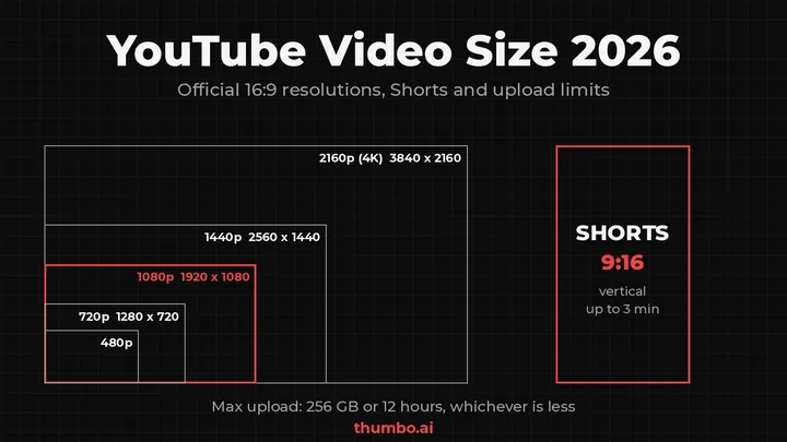 YouTube video size chart: the official 16:9 resolutions from 480p to 4K drawn to scale next to a 9:16 Shorts frame